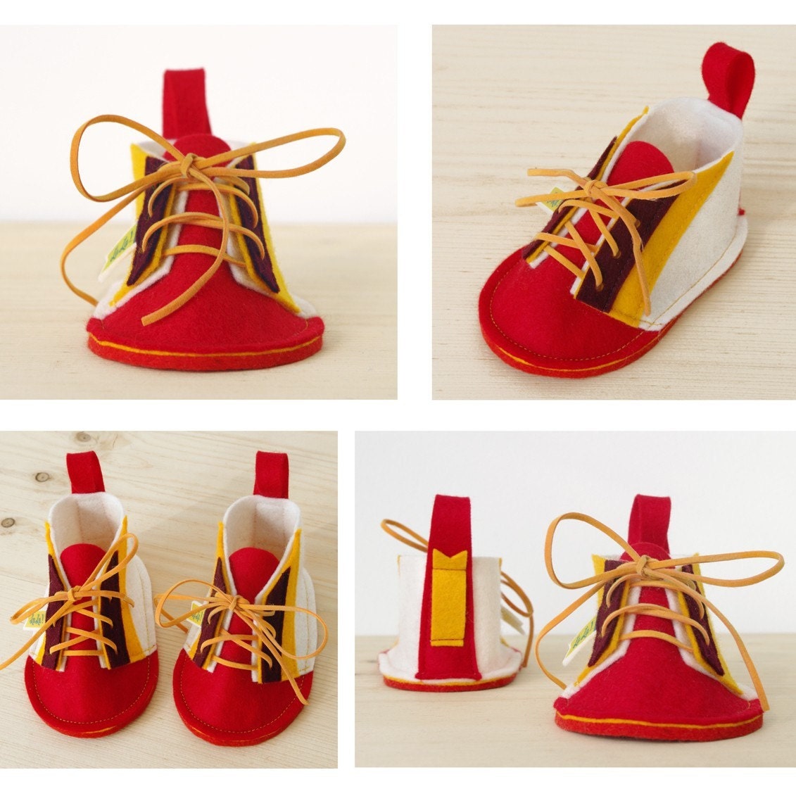 Eco baby booties Red Wawa soft sole baby shoes, Retro Modern design for boys & girls - red, white, yellow