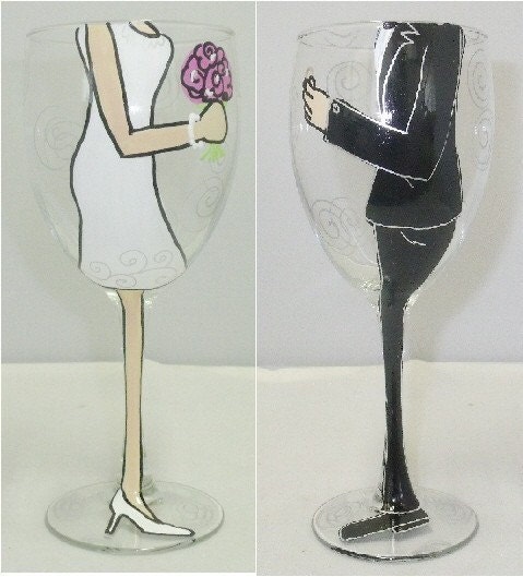 Bride and Groom Hand Painted Wine Glass - 2 Glasses