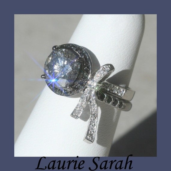 Grey Diamond Engagement Ring - Designer Bow Ring with Black and White Diamonds - Wedding Set -  LS794