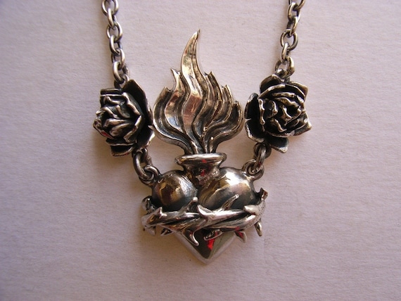 Sterling Silver Sacred Heart with Roses Necklace