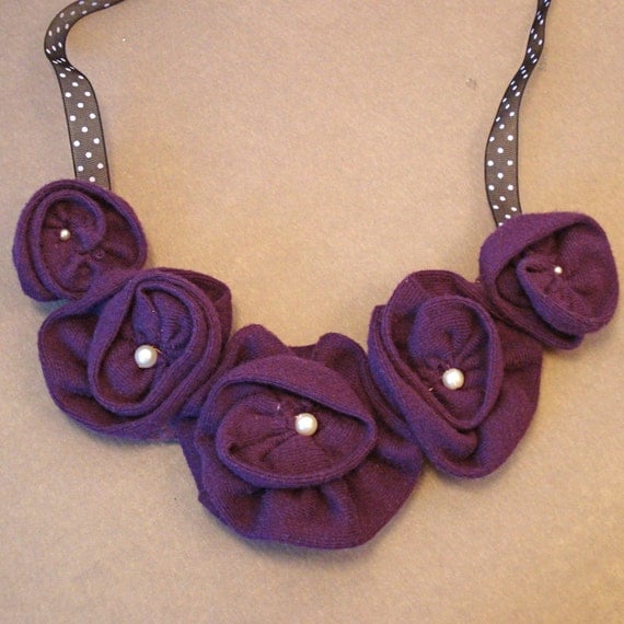 Recycled T-Shirt Flower Necklace - Plum Roses