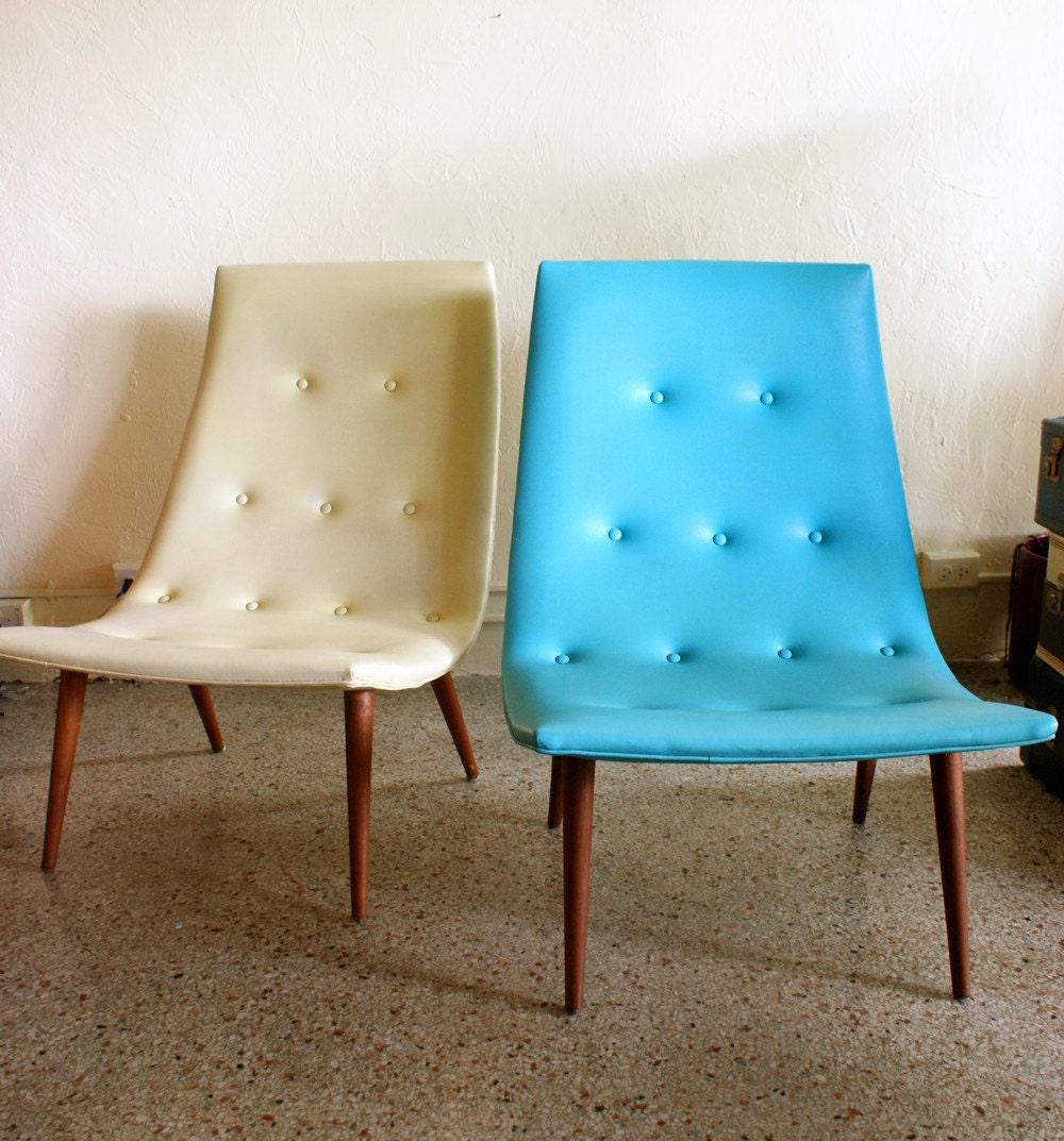 Mid Century Modern Aqua and Cream Vinyl Button Tufted Chairs