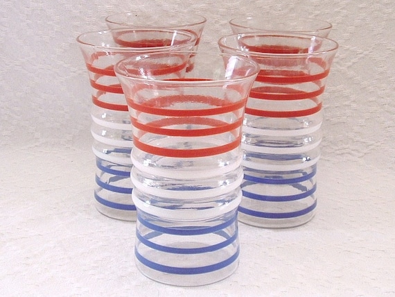 5  Red, White, Blue Glasses, Swanky Swigs, Tumblers, Anchor Hocking,