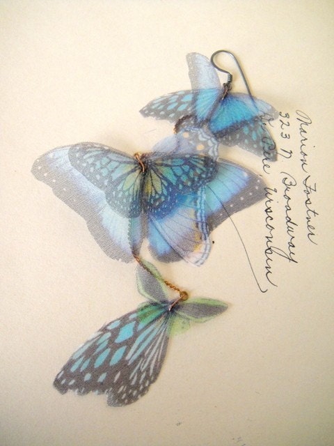 Long Butterflies Earring - Transfer on Organza- Statement piece