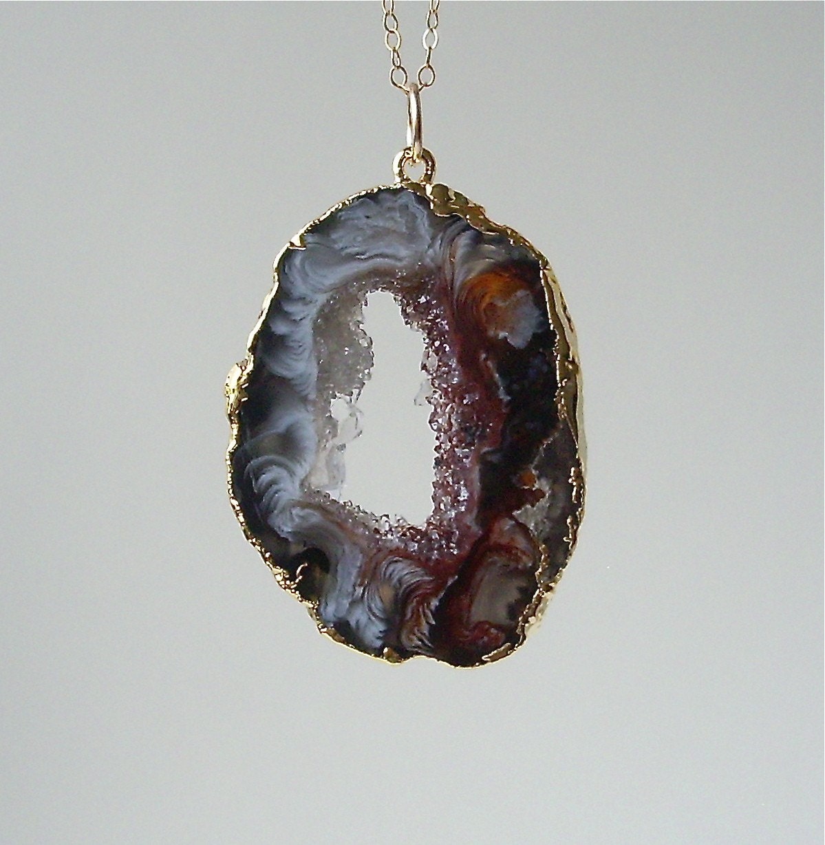 Long Gold Edged Geode Slice Necklace 1mm chain
