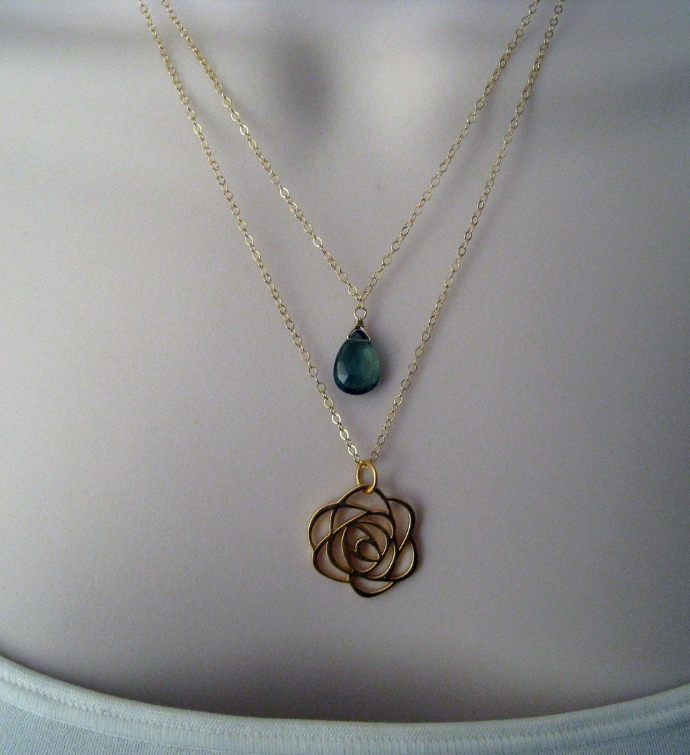 Rose charm double strand necklace--emerald green quartz