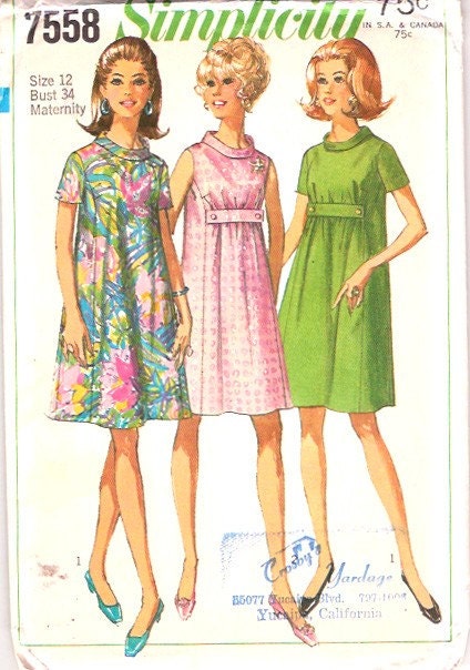 Vintage 60s Empire Waist Maternity Tent Dress Pattern 34 bust size 12 Simplicity 7558