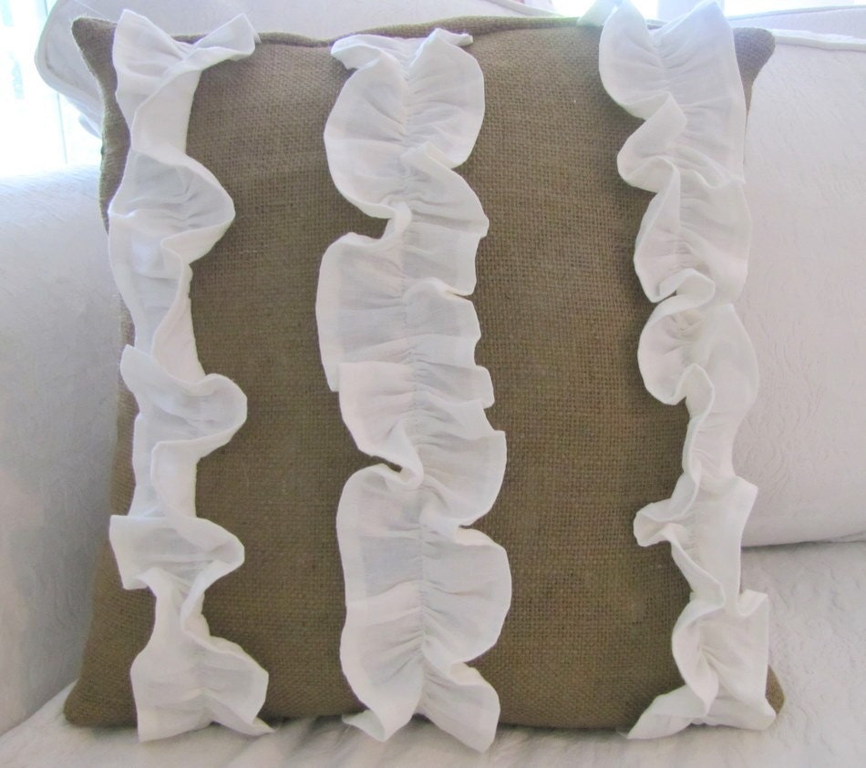 RUFFLE CHIC -- burlap pillow cover with three white ruffles
