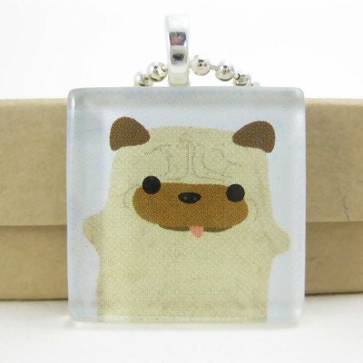 Ball-Z the Puggy Puppy  Glass Tile Necklace - Blue