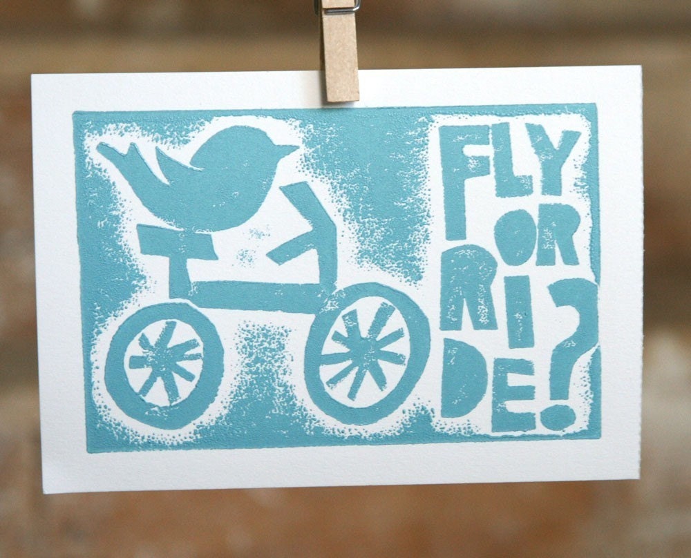 Bicycle Bird  Print Raw Art Letterpress