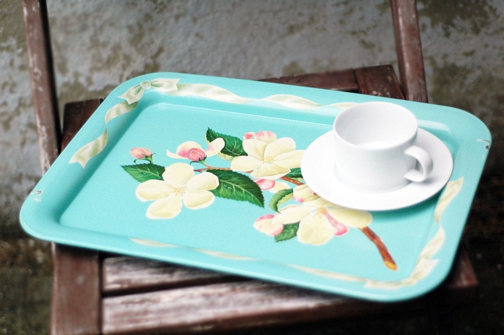 Vintage Metal Lap Tray in Turquoise-Mint Blue with Magnolia Flowers