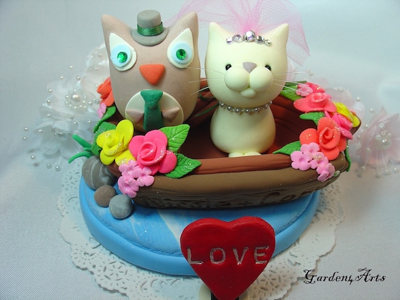 Love owl and cat with sweet boat and ocean base (custom order)