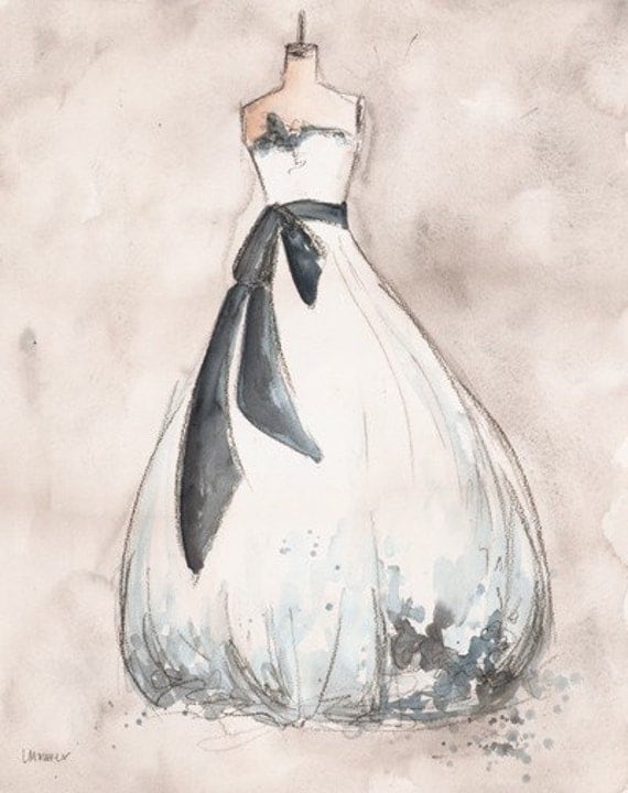 Original - Watercolor and Charcoal Painting - Custom Wedding Dress Painting - 8x10