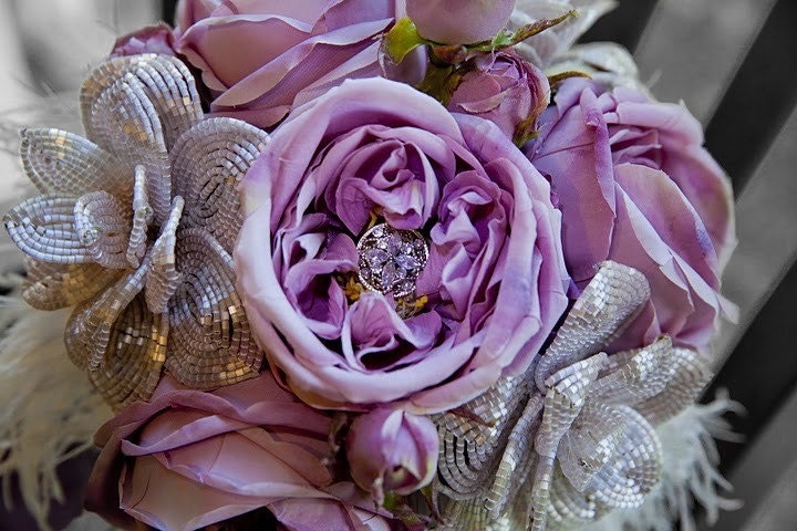 Candace sweetheart pink rose bridal bouquet - French beaded flower bouquet with Crystal/Silk flowers and heavenly feathers