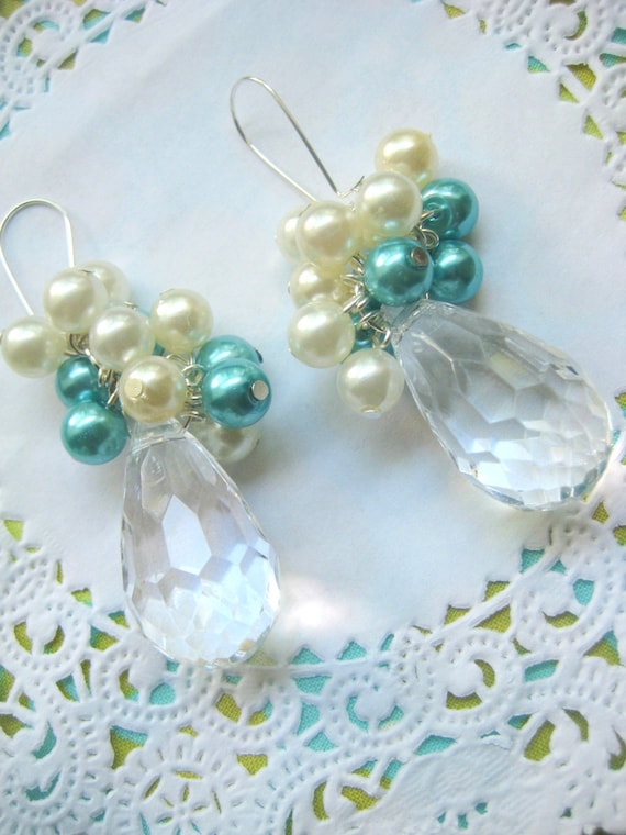 Turquoise and Ivory cluster with teardrop earring
