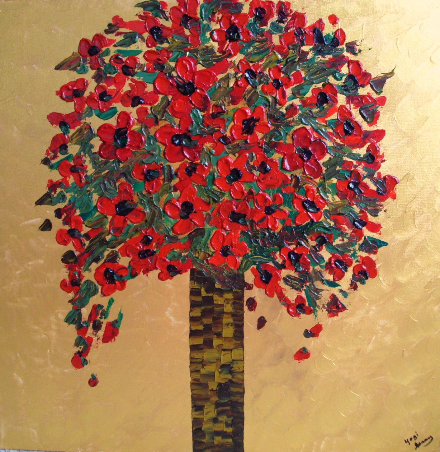 Original Palette Knife Painting on Canvas 24x24 Red Poppies in Vase Commission