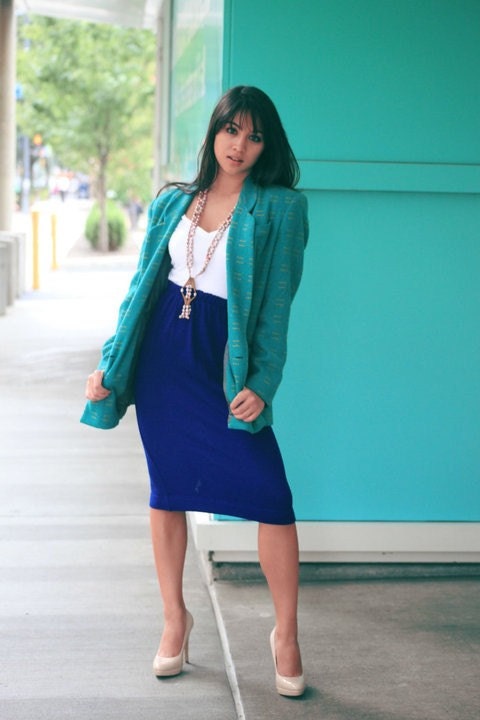 Let's Cozy Up Vintage Sweater Pencil Skirt in Cobalt Blue