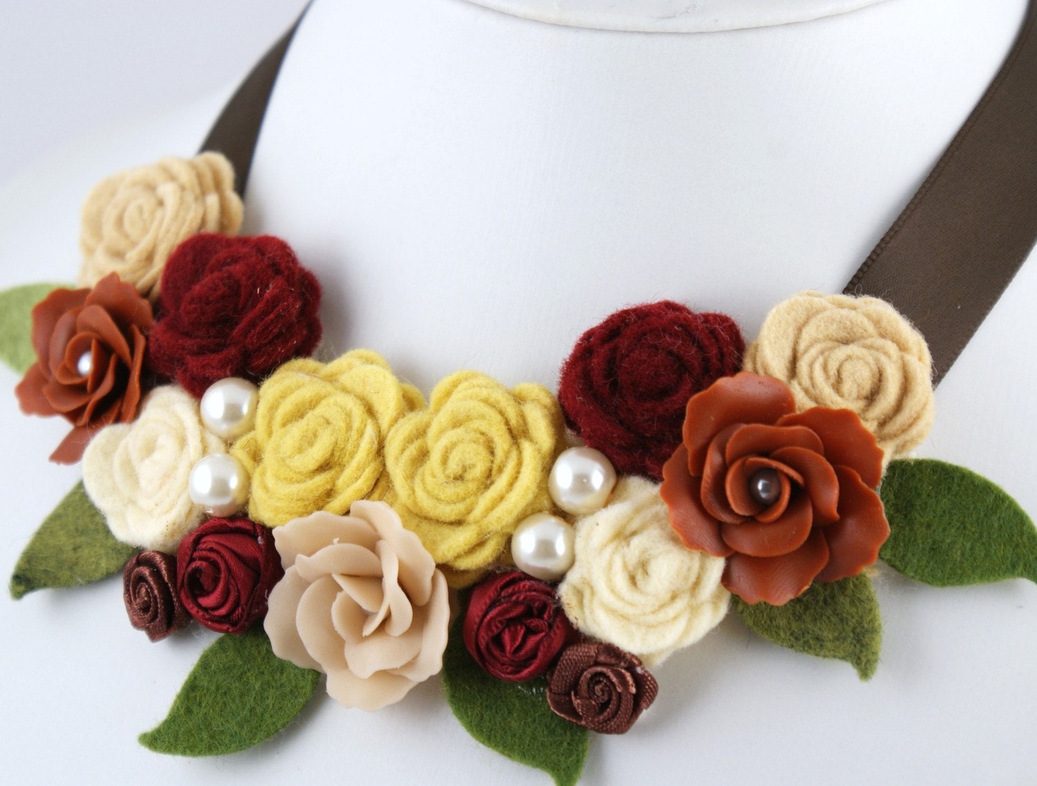 ON SALE- Harvest - Floral Statement Necklace with Handmade  Felt Flowers and Leaves