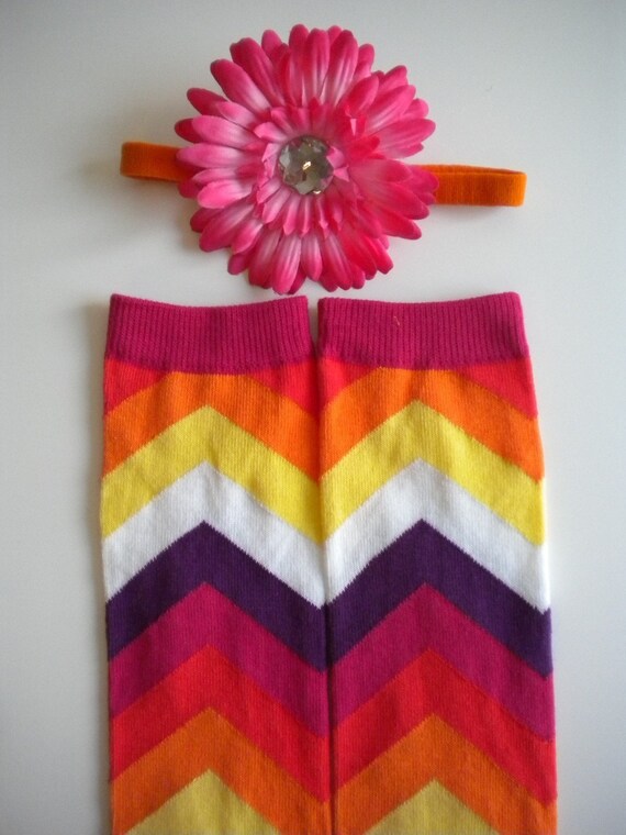 Bugga Baby Leg Warmers/Arm Warmers-Crawlers-Red, Purple, Orange, Yellow Chevron Stripes----FREE FREE FREE----Boutique Flower Band Included