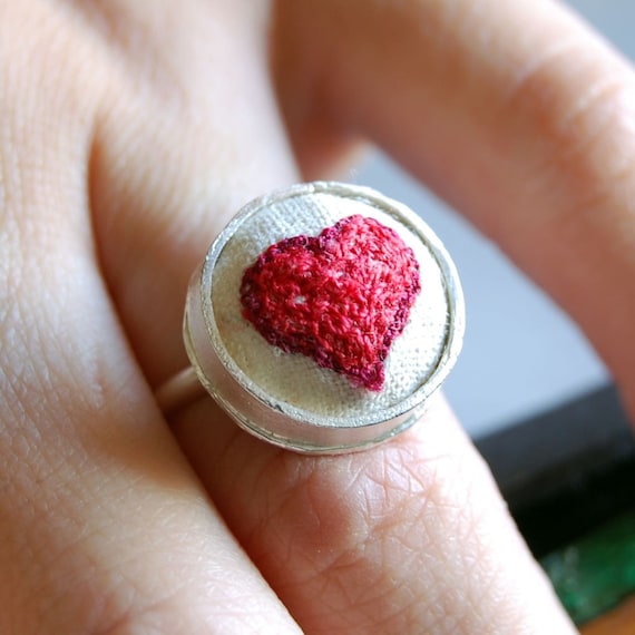 Handmade Sterling Silver Ring with Embroidered Heart (custom sized)