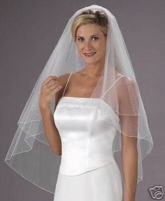 DIAMOND WHITE  2 Tier Fingertip Bridal Wedding Veil Center Gathered / Butterfly Style finished with a delicate pencil edge.