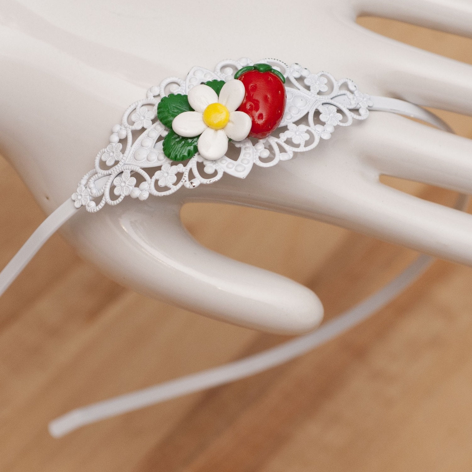 Roscata Filligree Strawberry Patch Headband - Handmade Polymer Clay Miniature Food Jewelry