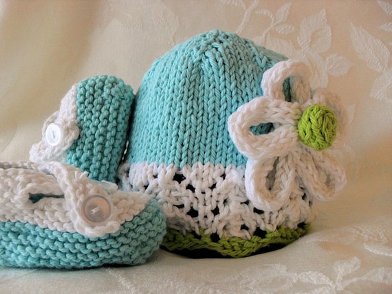 COTTON HAND KNITTED Robins Egg Blue Cloche with White Lace Brim and Matching Cross-strapped Booties