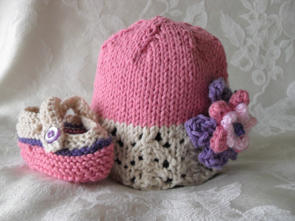 COTTON HAND KNITTED Pink and Ivory Lace Cloche with Complementary Flower and Matching Cross-strapped Booties