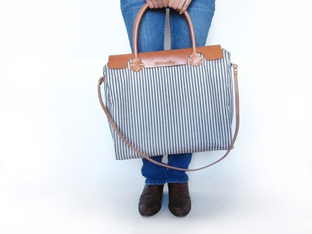The Weekender Tote in Blue and White Striped Ticking