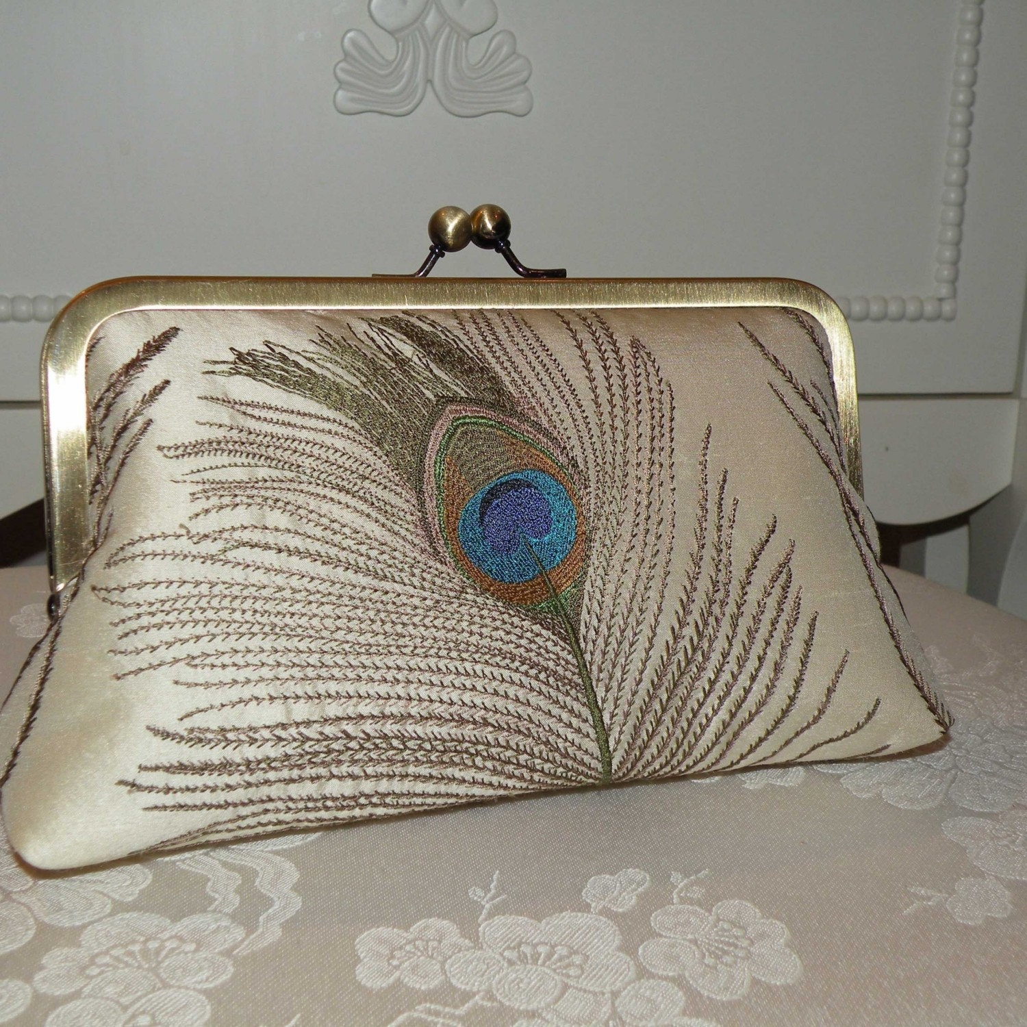 Peacock Feathers Embroidered Silk Luxury Clutch/Purse Ivory..Something New Something Blue/Free Monogramming