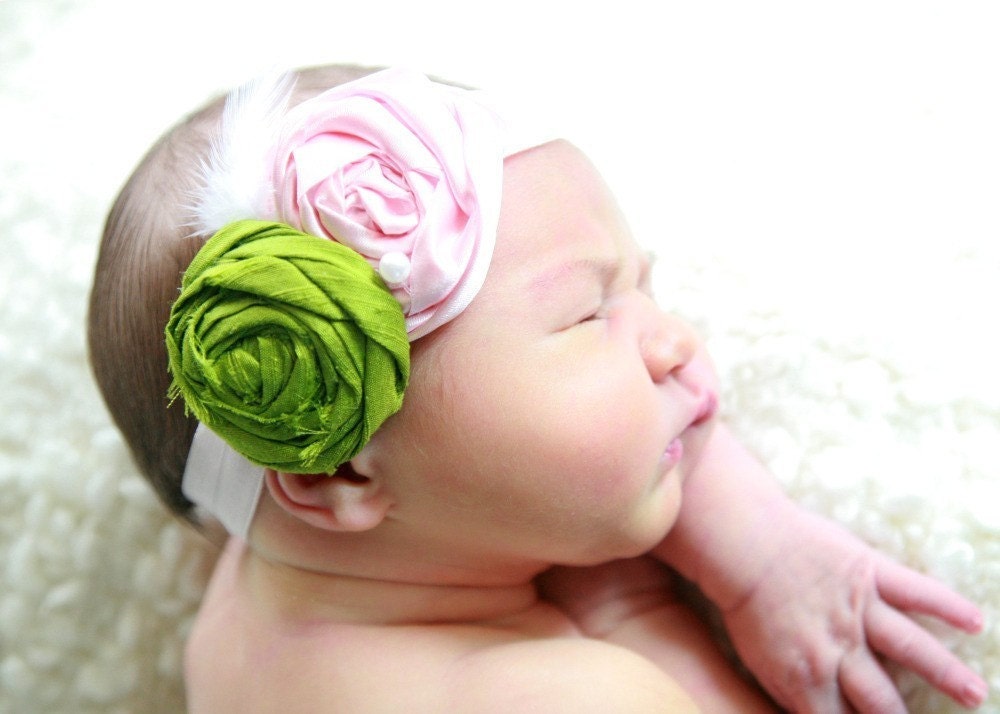 Green and Pink Rosette Headband with a touch of white by Polka Dot Bungalow