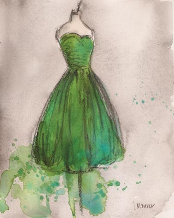 Print - Watercolor and Charcoal Painting - Vintage Green Strapless Dress - 8x10