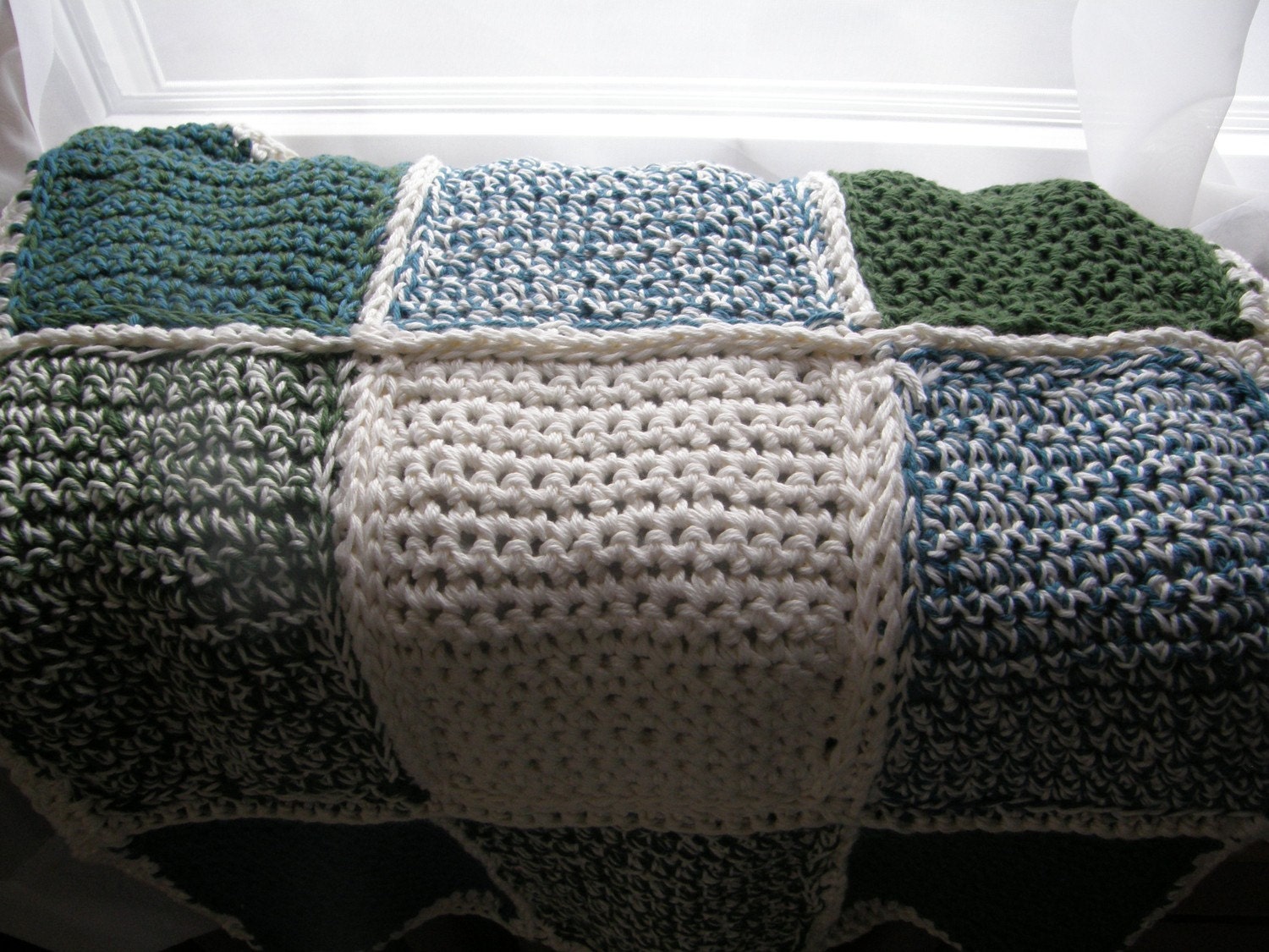 Snuggly Baby Blanket--Crochet Cotton Squares--Blue/Green/Soft White