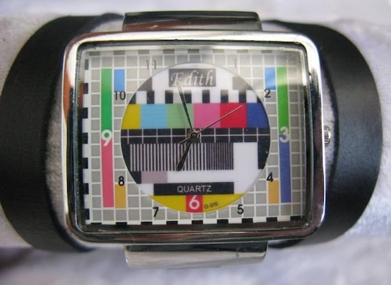 Handmade square bracelet silver watch with a black real leather band with a lovely old television tv pattern worldwide free shipping