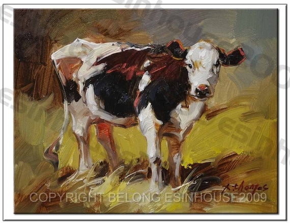 cow painting original oil art 8 x 10 abstract western animal X.Thomas