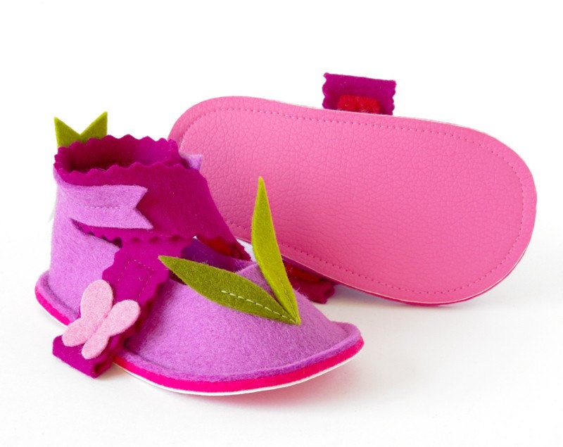 Toddler girl mary jane shoes LaLa Rose Butterflies - soft sole pink toddler booties with non slip soles in pure wool felt