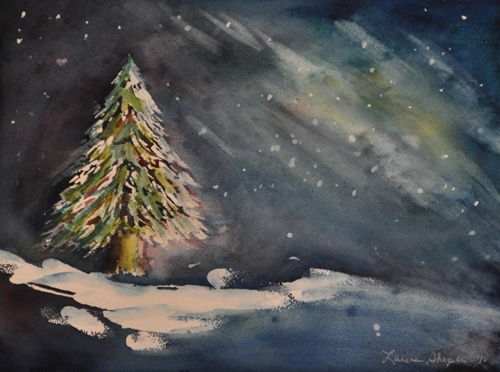 Christmas tree in snow w/northern lights - original watercolor