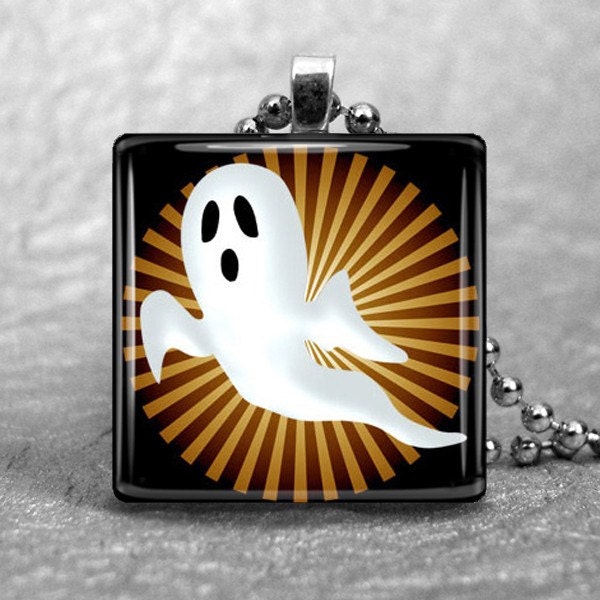 Glass Pendant 1 Inch Square--Ghost on Orange and Black