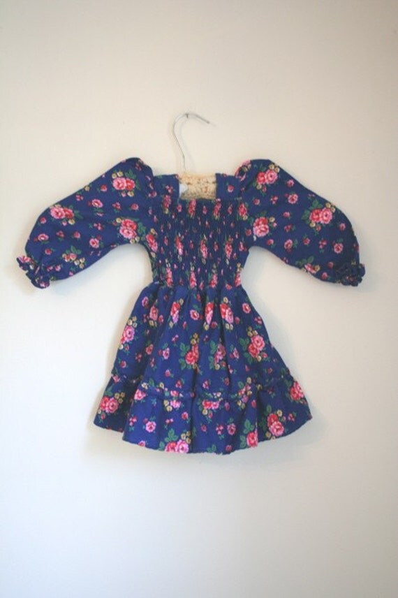 Vintage Little Girl's Blue Floral Smock Dress sz 12M