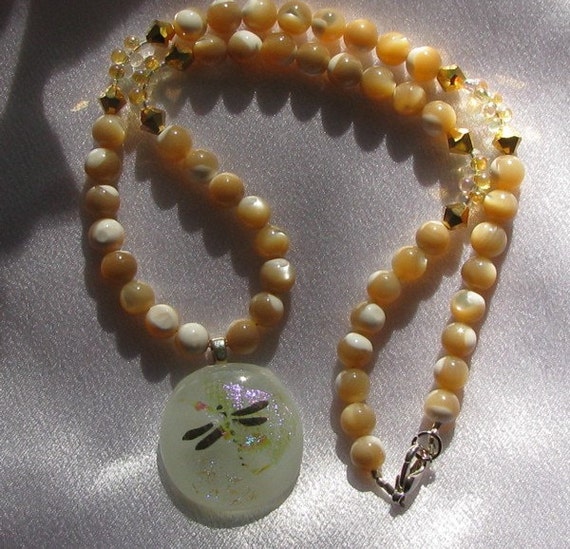 Polished Shell Necklace with 22k Gold Dragonfly Pendant
