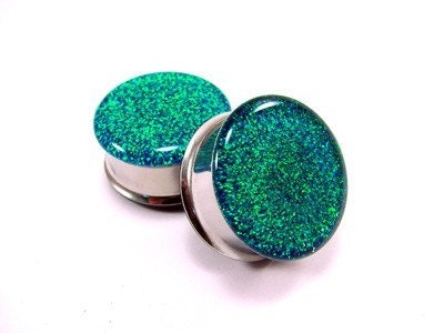 Blue to Green Color Changing Glitter Plugs gauges - 00g, 1/2, 9/16, 5/8, 3/4, 7/8, 1 inch