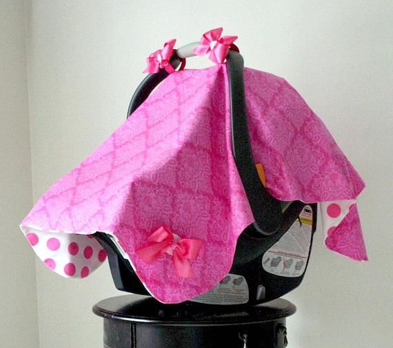 SALE...SALE...SALE...Pink Damask and Polka Dot Car Seat Canopy..Car Seat Tent....Car Seat Cover by Polka Dot Bungalow...can customize colors...item also available for twins