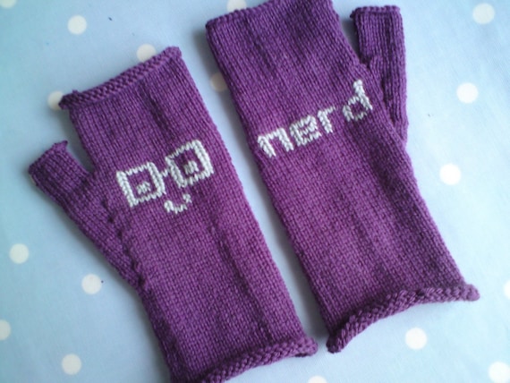 Purple Fingerless Mittens / Gloves - Nerd Emoticons for a little Geek Chic