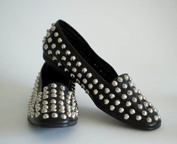 LIMITED STOCK Avant Garde Vtg Style 80s Silver Studded Black Leather Loafer Slip On Flats