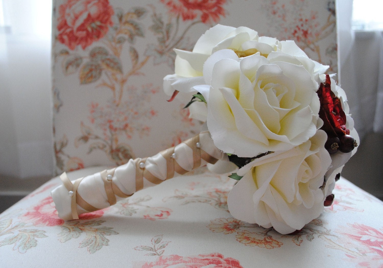 white rose bouquet with blue ribbon. White Rose Bouquet with Red