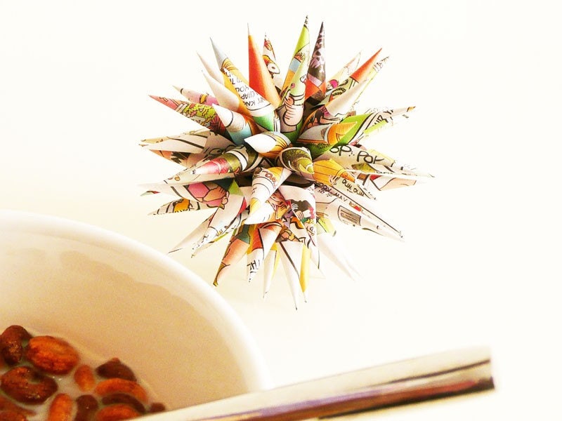Recycled News paper Funnies Christmas Polish Star Ornament Sunday Comics Series Star Urchin decoration colorful modern pop art - 4 inch