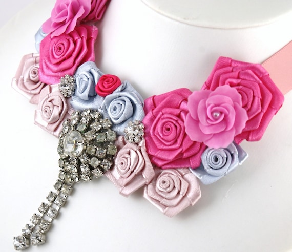 ON SALE- My Rose Garden- Statement Bib Necklace with Handmade Satin and Polymer Clay Roses and a Dangling Repurposed Rhinestone Vintage Brooch
