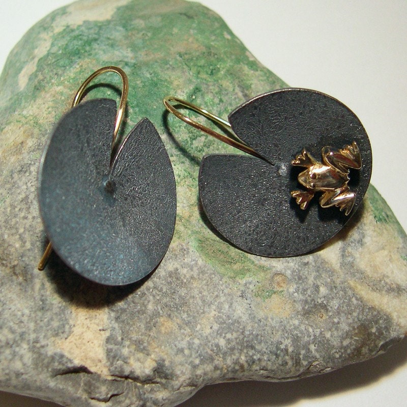 Lily Pad Earrings with Frog - 14k Gold, Sterling silver