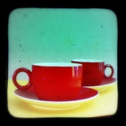 Red Coffee Cups Photography Print 4 x 4 Espresso Vintage Retro Wall Art