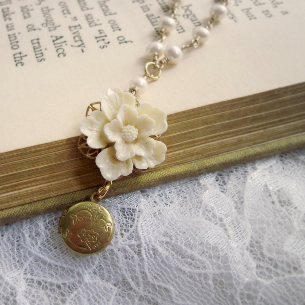 Necklace. Jewelry, Vintage Locket, Sakura Flower, Cream, Freshwater Pearls, Gold Filled. White Roses. Vintage inspired jewelry by Lauren Blythe Designs Jewelry on Etsy.